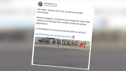 Andy Kerbrat,&nbsp;candidat Nupes&nbsp;aux législatives à Nantes, a dénoncé sur Twitter un tag de menace retrouvé en face de son domicile, le 30 mai 2022. (CAPTURE D'ECRAN TWITTER)