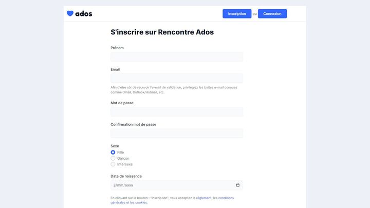 L'inscription sur le site Rencontre ados, totalement gratuite et anonyme, se fait en quelques secondes seulement, sans aucun vérification quant à l'âge des utilisateurs. (CAPTURE D'ECRAN)