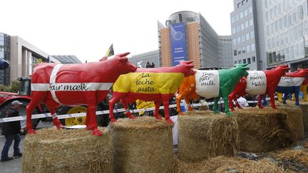 Des producteurs laitiers manifestent devant le si&egrave;ge du Conseil europ&eacute;en, &agrave; Bruxelles, le 7 septembre 2015. ( YVES HERMAN / REUTERS)