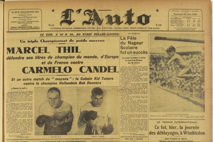 Le vendredi 28 juin 1935, le journal L'Auto annonce un combat entre Marcel Thil et Carmelo Candel "ce soir, à 20h30, au stade Roland-Garros". (Source gallica.bnf.fr / Bibliothèque nationale de France)