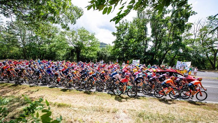 Le peloton du Tour de France Femmes 2023, lors de la 2e étape, le 24 juillet. (ARNE MILL / IMAGO / MAXPPP)