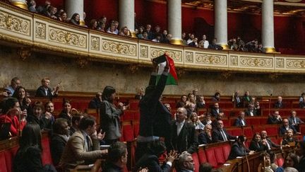 Le député Sébastien Delogu qui brandit un drapeau palestinien le mardi 28 mai à l'Assemblée nationale. (MIGUEL MEDINA / AFP)