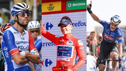 Thibaut Pinot, Remco Evenepoel et Jay Vine ont connu des expériences diverses sur cette Vuelta 2022. (DAVID STOCKMAN / BELGA MAG / BELGA VIA AFP (à gauche), DAVID PINTENS / BELGA MAG / BELGA VIA AFP (au centre), ANDER GILLENEA / AFP (à droite))