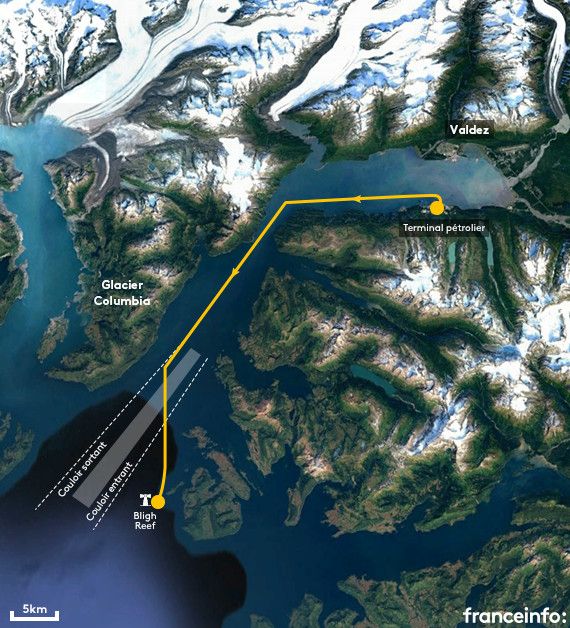 Carte de la zone de navigation entre le terminal pétrolier de Valdez et la baie du Prince-William. (NICOLAS ENAULT / FRANCEINFO)