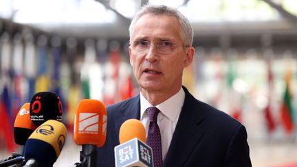 Le secrétaire général de l'Otan, Jens Stoltenberg, le 23 mai 2023 à Bruxelles (Belgique). (DURSUN AYDEMIR / ANADOLU AGENCY / AFP)