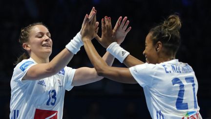 Estelle Nze Minko (à droite) et Manon Houette (à gauche), handballeuses françaises lors du match contre la Serbie dans l'Euro 2018, à Nantes, le 12 décembre 2018. (EDDY LEMAISTRE / EPA)