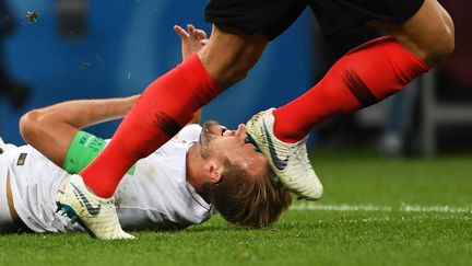 L'Anglais Harry Kane face à la Croatie, le 11 juillet 2018 à Moscou (Russie). (MANAN VATSYAYANA / AFP)