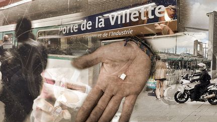 Des agents de sécurité et des policiers patrouillent à l'intérieur et aux abords de la station de métro Porte de la Villette, à Paris, fréquentée par des consommateurs de crack.&nbsp; (PIERRE-ALBERT JOSSERAND / RAPHAEL GODET / FRANCEINFO)