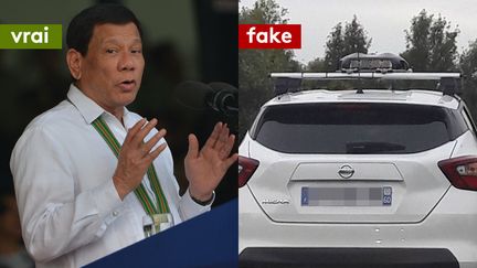 Le président des Philippines, Rodrigo Duterte et une photo, publiée sur Facebook, d'une voiture Uber prise pour un nouveau type de radar embarqué. (AFP/FACEBOOK)