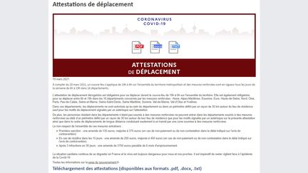 Capture d'écran de la page du site du ministère de l'Intérieur sur laquelle sont disponibles les attestations de déplacement au couvre-feu et au confinement. (INTERIEUR.GOUV.FR)