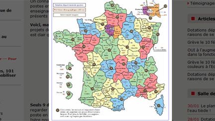 La carte de France des postes supprimés dans le primaire dans le budget 2011 sur le site du Snuipp-FSU. (Snuipp-FSU)