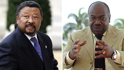 A Gauche, le candidat Jean Ping, ancien dignitaire du régime passé à l'opposition. A droite, le président sortant Ali Bongo, candidat à sa propre succession. Les deux hommes ont travaillé côte à côte durant le règne du président Bongo père, avant de devenir des ennemis jurés. (Photo AFP)