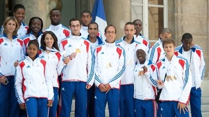 Les médaillés français reçus à l'Elysée, le 3 août 2010, après leur exploit aux championnats d'Europe de Barcelone. (AFP - Martin Bureau)