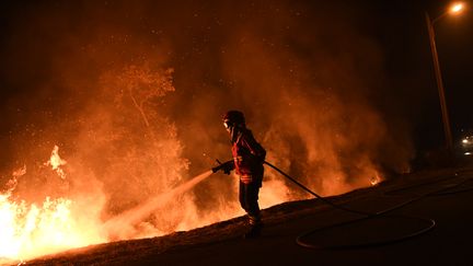 Un pompier tente d'éteindre les flammes, à Cabanoes (Portugal), le 16 octobre 2017. (FRANCISCO LEONG / AFP)