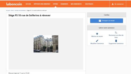 Capture d'écran du site Leboncoin montrant la mise en vente du siège du Parti socialiste.&nbsp; (FRANCEINFO)