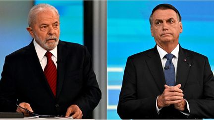 Lula et Bolsonaro, le 28 octobre 2022, lors de leur ultime débat avant le second tour de la présidentielle au Brésil.&nbsp; (MAURO PIMENTEL / AFP)