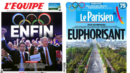 Les unes de la presse quotidienne française célèbrent la désignation de Paris comme ville hôte des Jeux olympiques, le 14 septembre 2017. (FRANCEINFO)