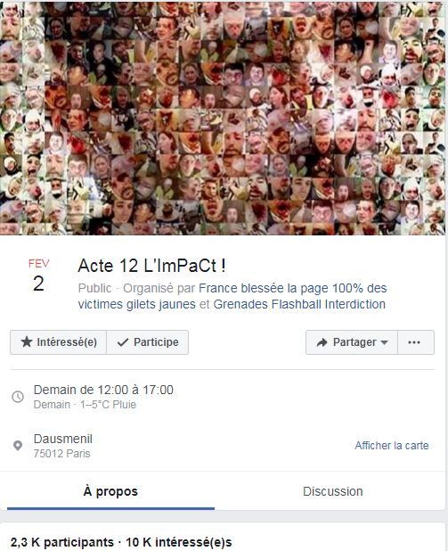 L'évènement créé sur Facebook appelle à une manifestation à Paris,&nbsp; le 2 février 2019, pour la centaine de blessés depuis le début du mouvement. (FACEBOOK)