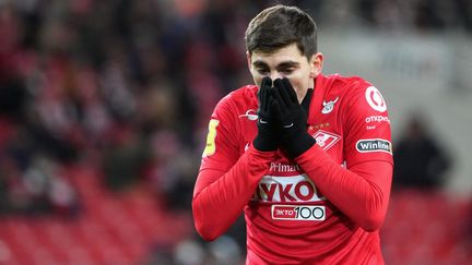 Zelimkhan Bakaïev pendant le match entre le Spartak Moscou et Krasnodar, le 13 mars 2022, en championnat russe. (SPUTNIK / AFP)