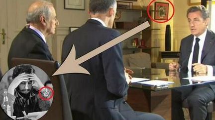 Montage photo effectu&eacute; &agrave; partir d'une capture d'&eacute;cran de TF1, montrant une photo de Fidel Castro dans le bureau de Nicolas Sarkozy, le 2 juillet 2014. (@CARLA_BISMUTH / TWITTER)