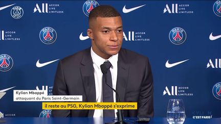 Le joueur star du PSG Kyllian Mbappe, le 23 mai 2022, lors d'une conférence de presse au Parc des princes à Paris. (FRANCEINFO)