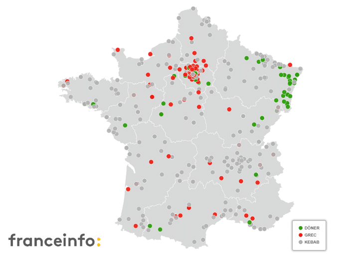 La carte de France des appellations du kebab. (FRANCEINFO / CARTO)