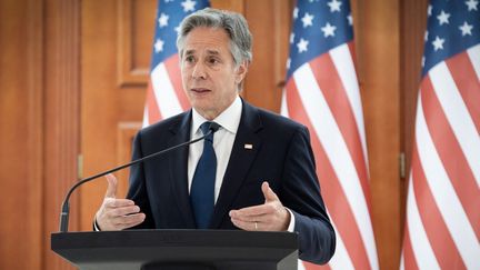 Le secrétaire d'Etat américain, Antony Blinken, lors d'une conférence de presse à Chisinau (Moldavie), le 29 mai 2024. (ELENA COVALENCO / AFP)