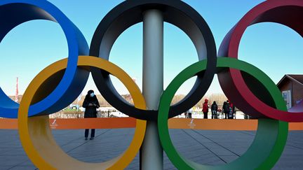 Les anneaux olympiques pour les JO d'hiver à Pékin, le 28 janvier 2022. (NOEL CELIS / AFP)