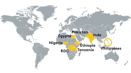 D'ici 2050, plus de la moitié de la croissance de la population viendra des huit pays en jaune. (STEPHANIE BERLU / RADIO FRANCE)