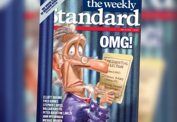 La couverture d'un numéro du "Weekly Standard" de mai 2016, où est représenté un électeur américain, déconcerté par son bulletin de vote où figurent Hillary Clinton et Donald Trump. (WEEKLY STANDARD)