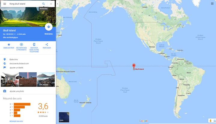 Sur google maps, Skull Island est située au beau milieu de l'océan pacifique. Mais ne zoomez pas, il n'y a rien a voir.&nbsp; (GOOGLE MAPS)