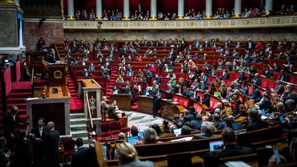 L'hémicycle de l'Assemblée nationale, le 13 février 2023 à Paris. (XOSE BOUZAS / HANS LUCAS / AFP)