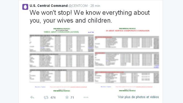 &nbsp; (Le compte Twitter piraté du commandement de l'armée américaine © capture d'écran Twitter CENTCOM)