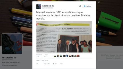 Une professeure dans un lycée professionnelle s'indigne, sur Twitter, de la mention du site Fdesouche dans un manuel d'éducation civique, le 5 septembre 2016. (TWITTER)