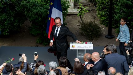 L'ancien président de la République tient un discours au siège du parti socialiste, après la passation de pouvoir avec Emmanuel Macron, le 14 mai 2017. (MAXPPP)