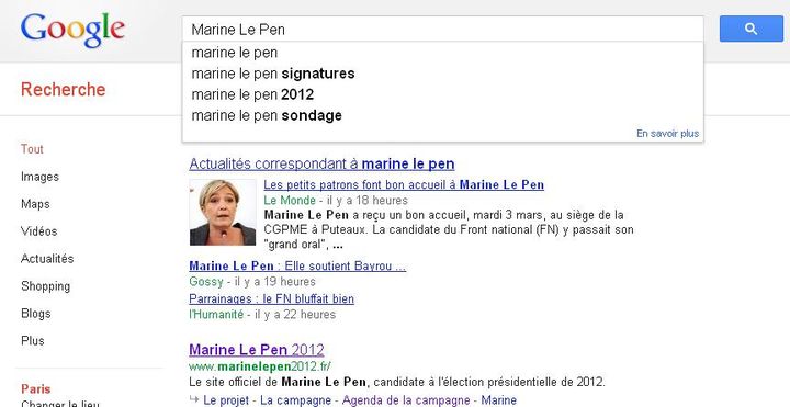 Capture d'écran des suggestions google concernant Marine Le Pen. (DR)