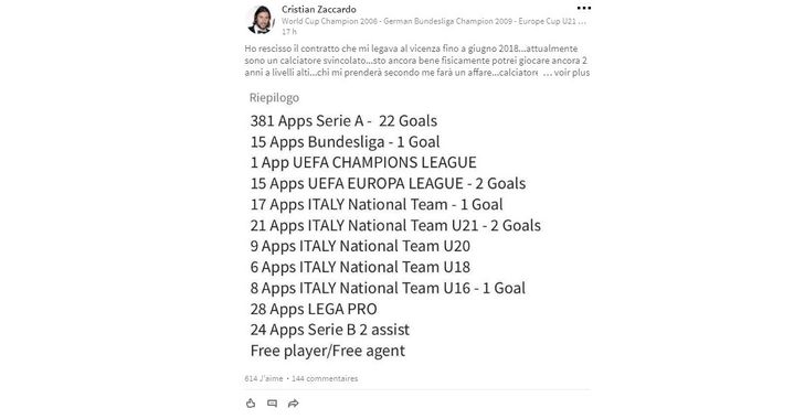 Le footballeur italien Carlo Zaccardo a publié une annonce sur LinkedIn afin de trouver un nouveau club. (CARLO ZACCARDO / FACEBOOK)