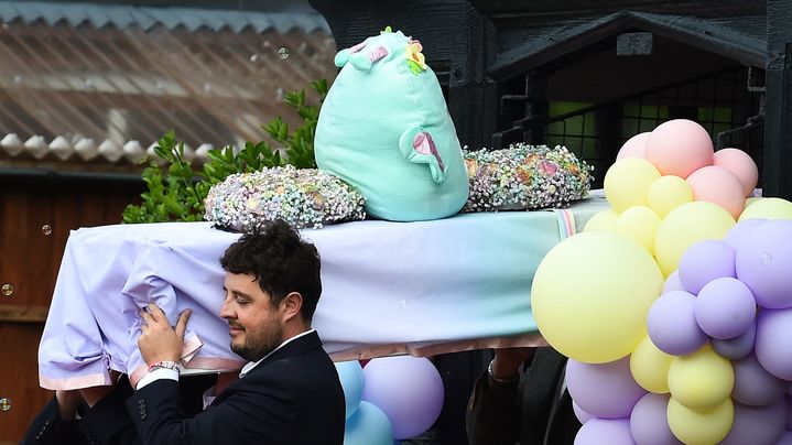 The coffin of Elsie Dot Stancombe during her funeral at St John's Church, Birkdale, near Southport, on August 23, 2024. (PETER POWELL / AFP)