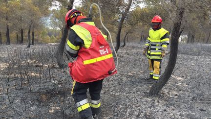 &nbsp; (A Chateauneuf-les-Martigues, les pompiers tentent d'éteindre tout ce qui pourrait repartir à cause du vent © Radio France / Rosalie Lafarge)