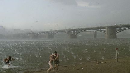 Des nageurs courent se mettre &agrave; l'abri alors qu'une averse de gr&ecirc;lons s'abat sur le fleuve Ob &agrave; Novosibirsk (Russie), le 12 juillet 2014. (NIKITA DUDNIK / AP / SIPA)