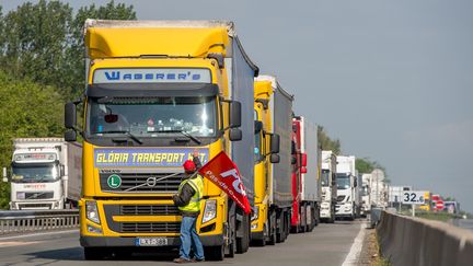 Des routiers organisent une opération escargot le 17 mai 2016 à Saint-Omer (Pas-de-Calais) en protestation contre la loi Travail. (PHILIPPE HUGUEN / AFP)