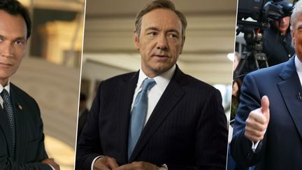 De gauche à droite : Matthew Santos&nbsp;(A la Maison Blanche), Frank Underwood&nbsp;(House of Cards) et Donald Trump, candidat aux primaires républicaines. (AFP / SIPA / FRANCETV INFO)