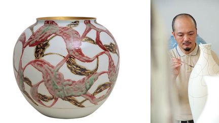 A gauche, "Visage doré", porcelaine, rouge de cuivre et or sous couverte, collection de l'artiste - A droite, Bai Ming au travail
 (Photos Atelier Bai Ming)