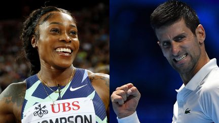 L'athlète jamaïcaine Elaine Thompson-Herah et le&nbsp;joueur de tennis serbe Novak Djokovic. (STEFAN WERMUTH / AFP et Marco BERTORELLO / AFP)