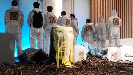 Des militants dans le hall d'entrée de Monsanto-Bayer, le 22 mai.&nbsp; (BENJAMIN ILLY / RADIO FRANCE)