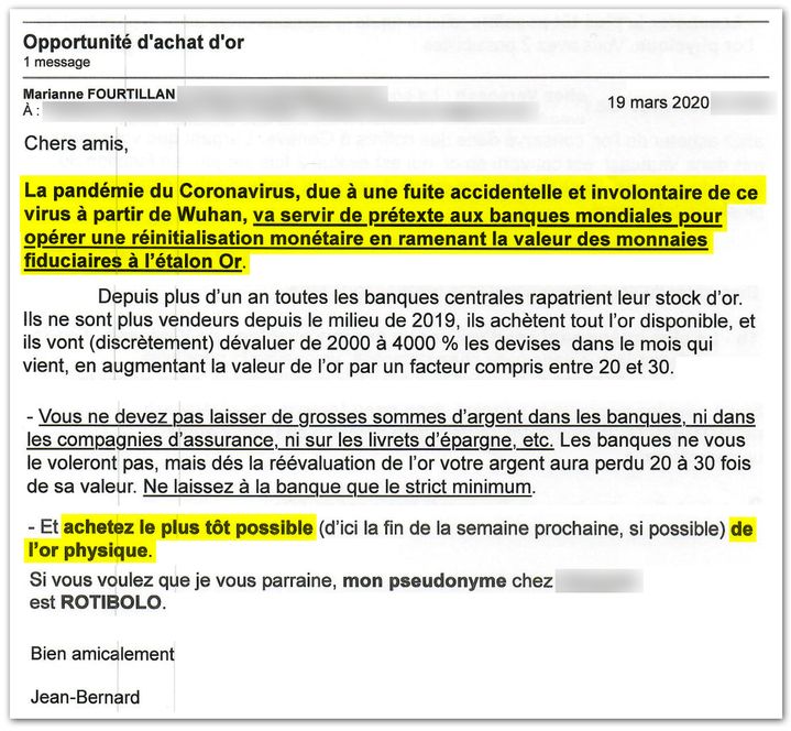 Extrait du mail du 19&nbsp;mars 2020. M. Fourtillan incite ses patients à acheter de l’or. (CELLULE INVESTIGATION DE RADIO FRANCE)