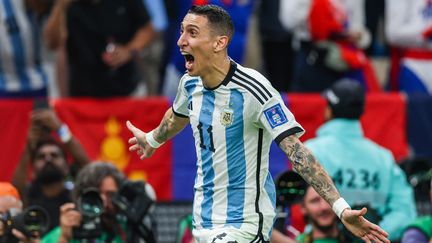 Buteur sur un contre éclair, Angel Di Maria vient de donner deux longueurs d'avance à l'Argentine, en finale contre la France le 18 décembre (3-3, 4-2 aux tirs au but). (WILLIAM VOLCOV / AFP)