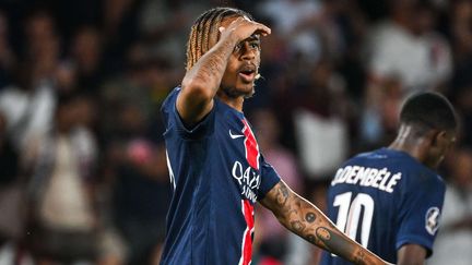 Bradley Barcola après son but lors du match de Ligue 1 entre le PSG et Montpellier, au Parc des Princes, le 23 août 2024. (MATTHIEU MIRVILLE/SIPA)