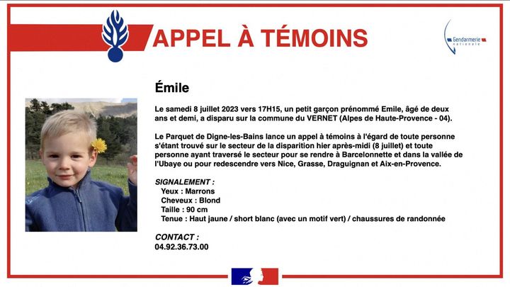 L'appel à témoins diffusé par la gendarmerie après la disparition du petit Emile le 8 juillet 2023, au Haut-Vernet (Alpes-de-Haute-Provence). (GENDARMERIE NATIONALE / TWITTER / AFP)