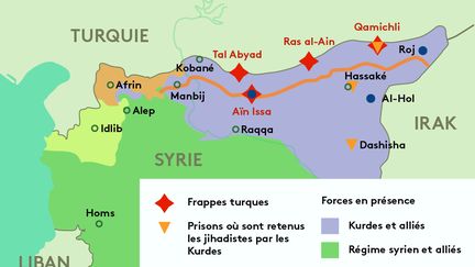 Les forces en présence et&nbsp;les frappes turques au 14 octobre 2019. (FRANCEINFO)